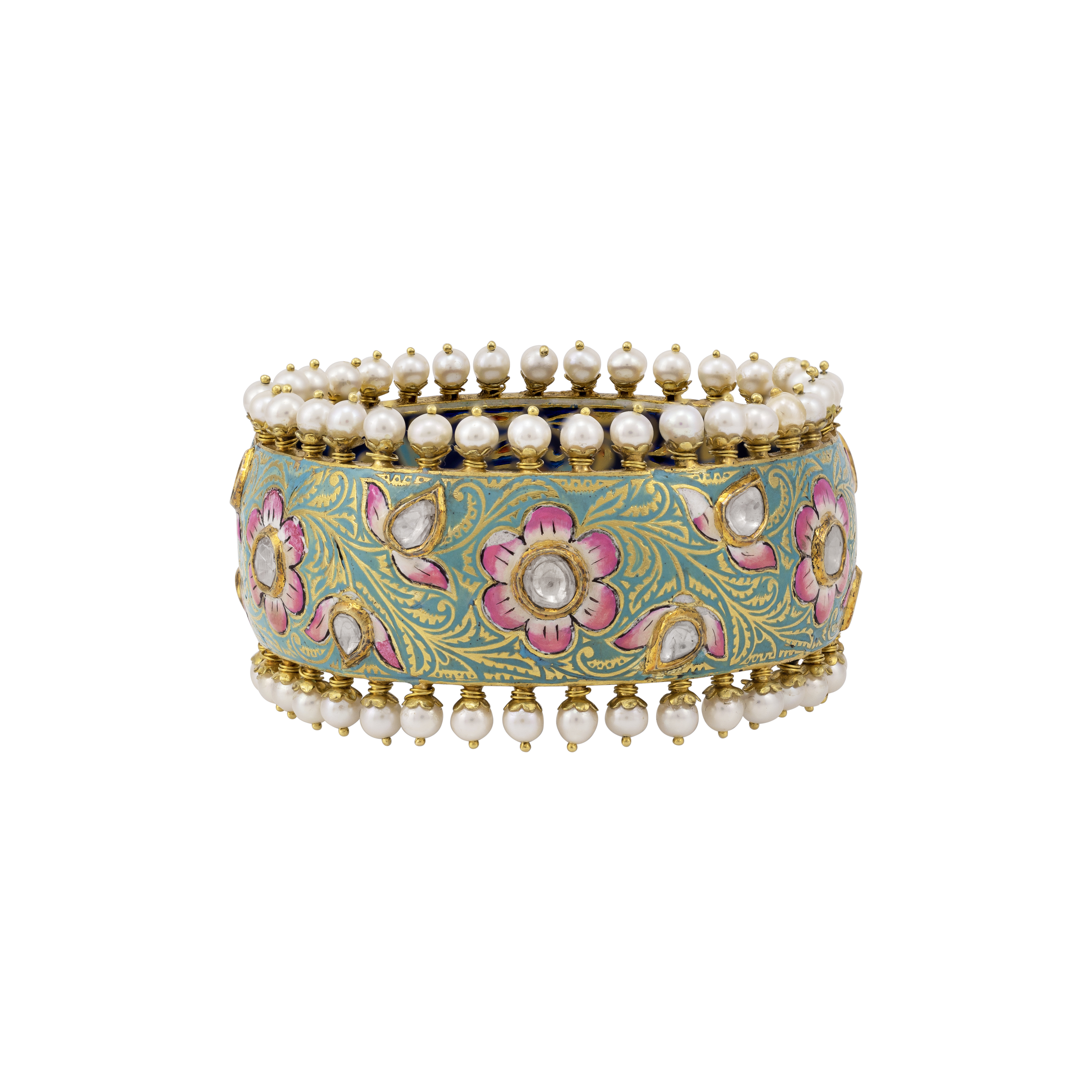 Floral Enamel Polki Bangle with Pearl Fungar Borders